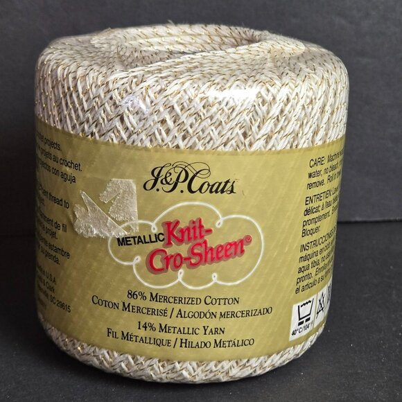 J&P Coats Metallic Knit-Cro-Sheen Thread White Gold 100 Yards Mercerized Cotton - Picture 1 of 5